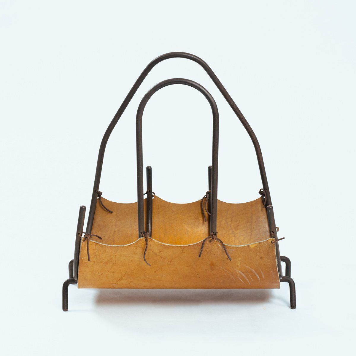 Leather And Steel Log Basket In Black Steel And Tan Leather With Asymmetric Handles, Spain, 1960s photo 828.0