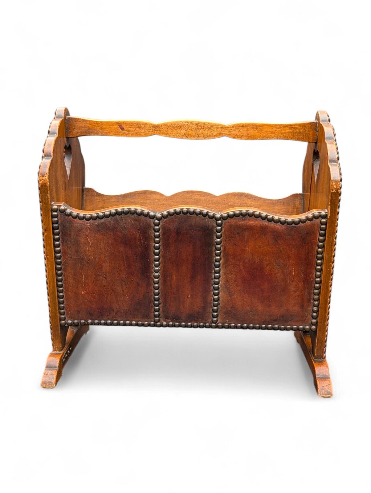 English Arts & Crafts Magazine Rack With Leather Panels And Heart Cutouts photo for sale