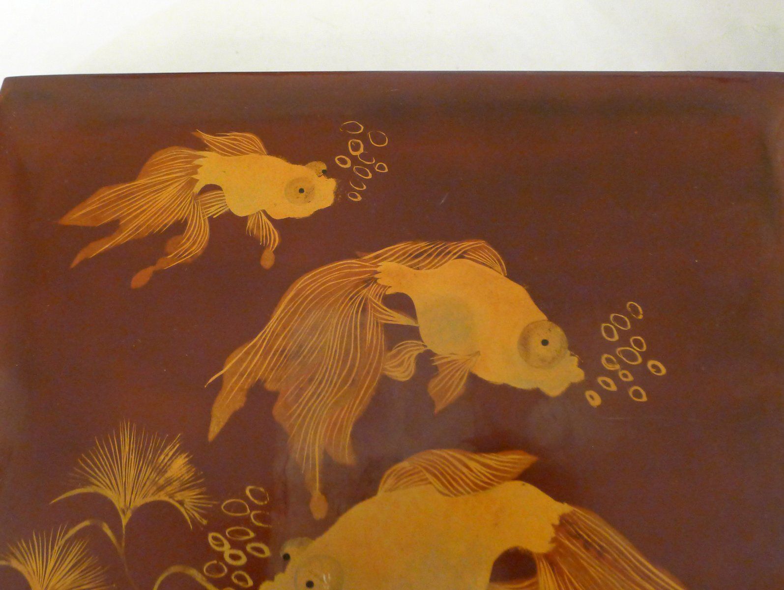 photo buy Large Mid Century Lacquered Wooden Jewelry Box With Fish, Asia, 1950s