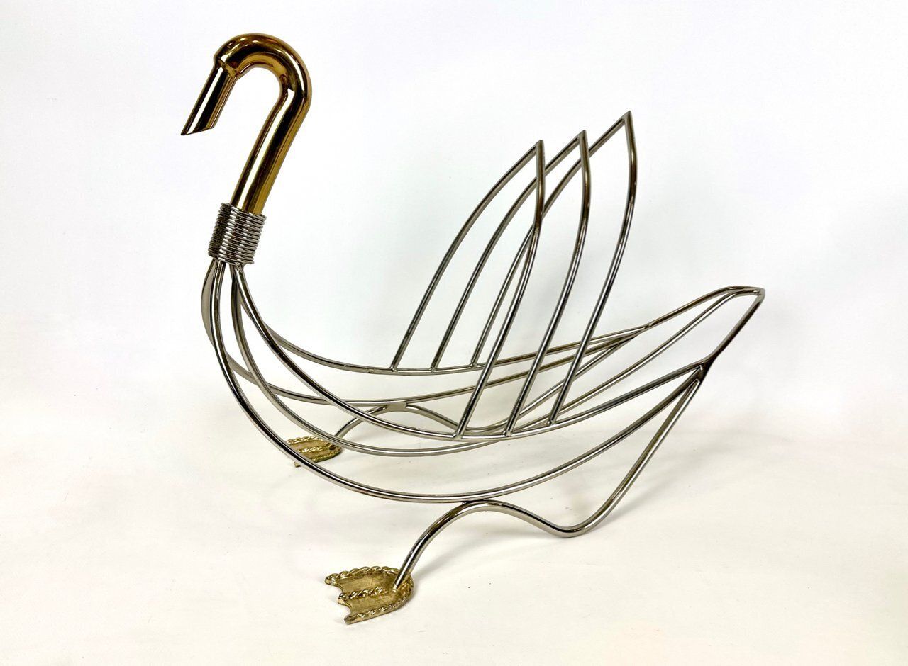 Regency Swan Chrome And Brass Magazine Rack, 1970s photo furniture