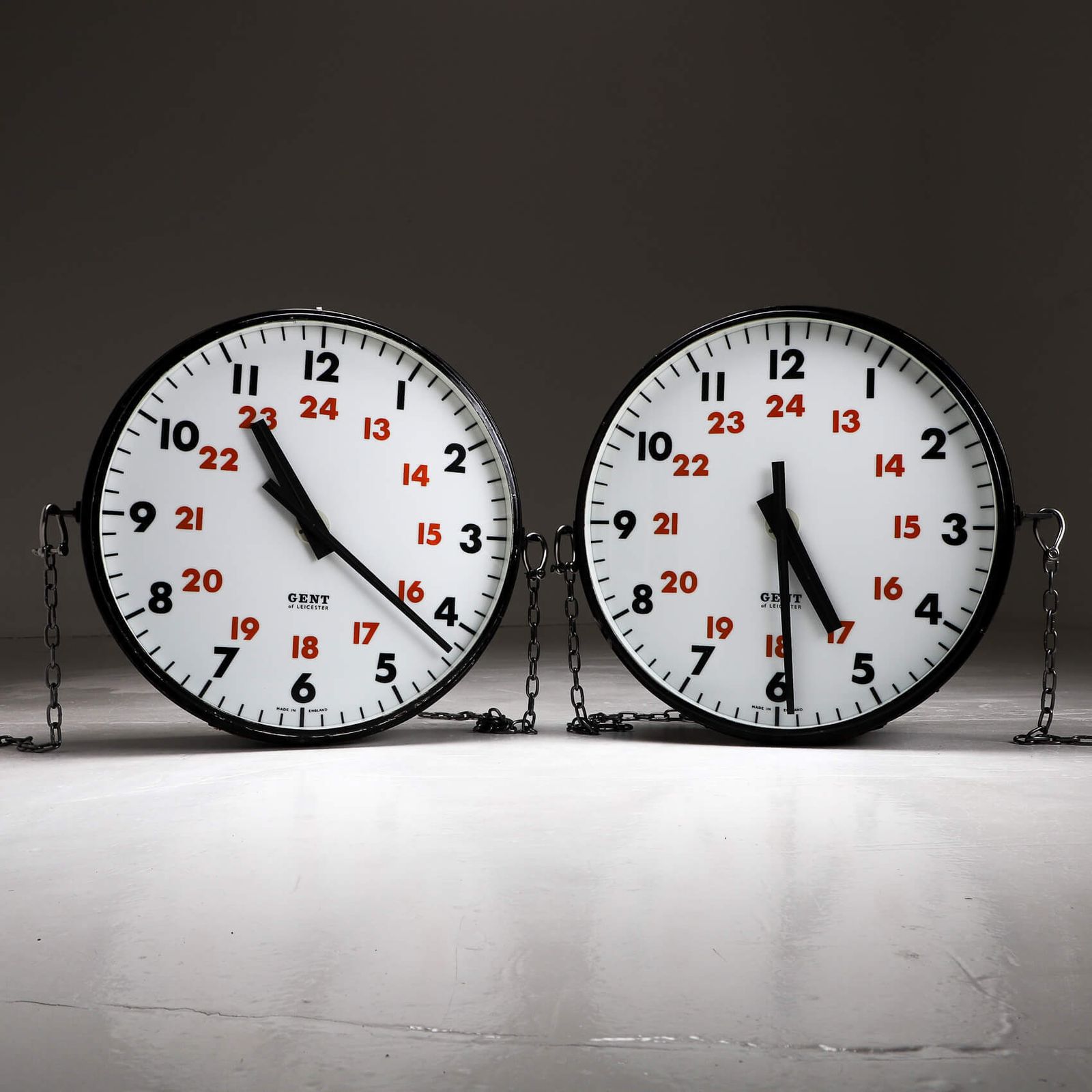 Pair Of Large Double Sided Illuminated Gents Of Leicester Station Clocks