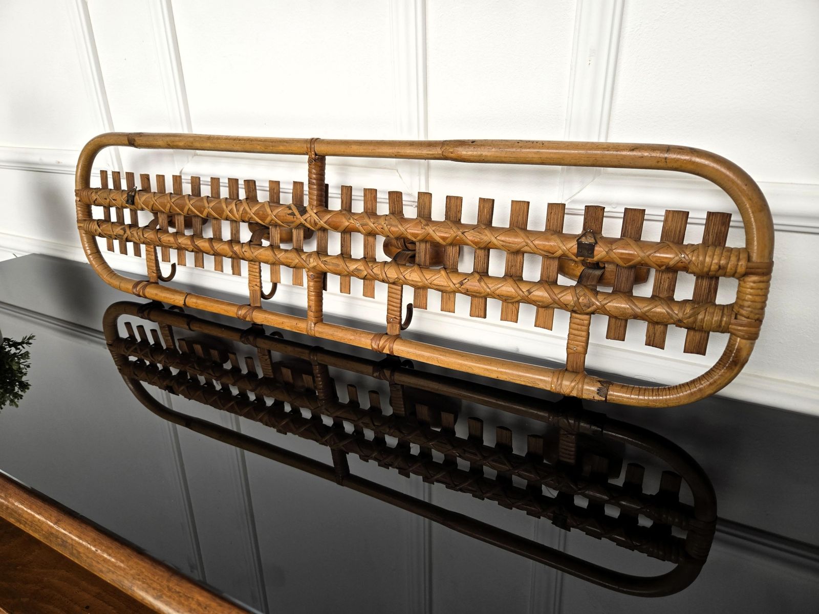1960s, Italian Bamboo Rattan Bohemian 4 Hooks Wall Coat Hanger photo 488.0