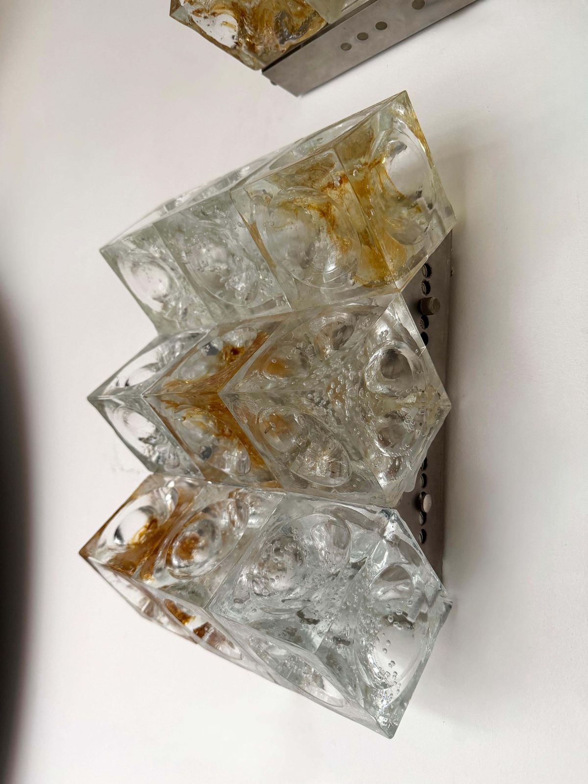 Pair Of Glass Cube Stairs Metal Sconces By Poliarte, Italy, 1970s