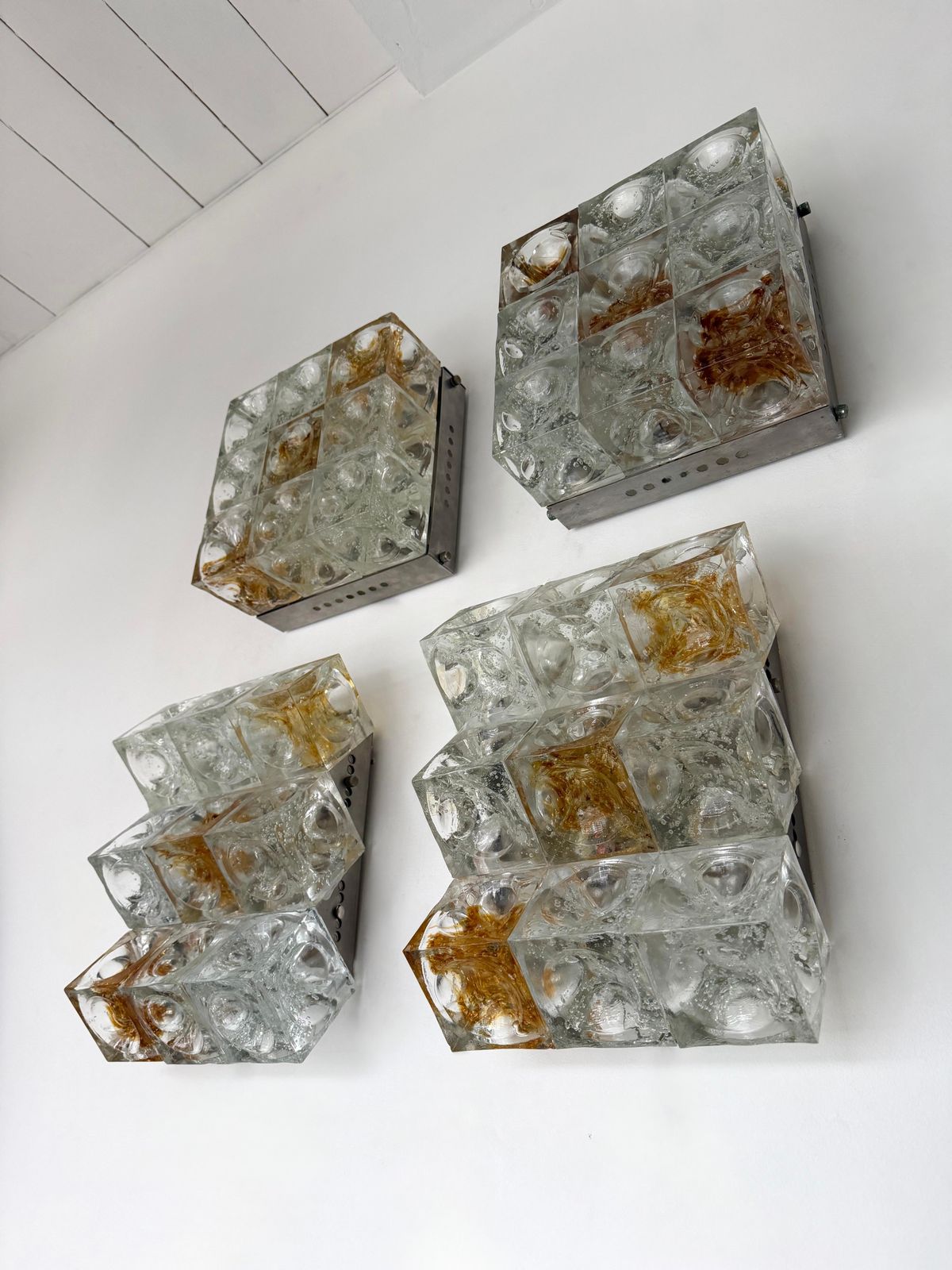 photo for sale Pair Of Glass Cube Stairs Metal Sconces By Poliarte, Italy, 1970s