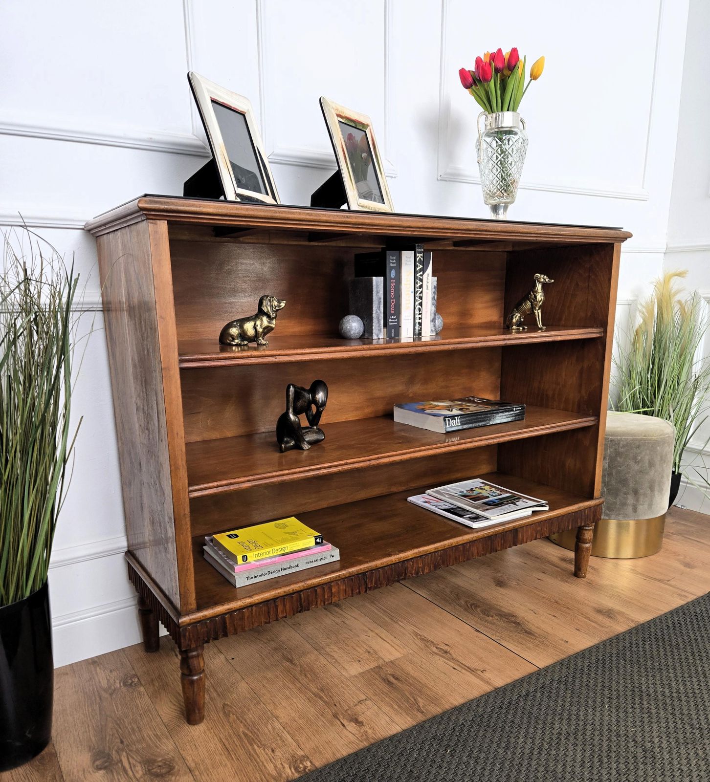 Midcentury Italian Walnut Burl Wood Three Shelves Open Bookcase Library photo furniture