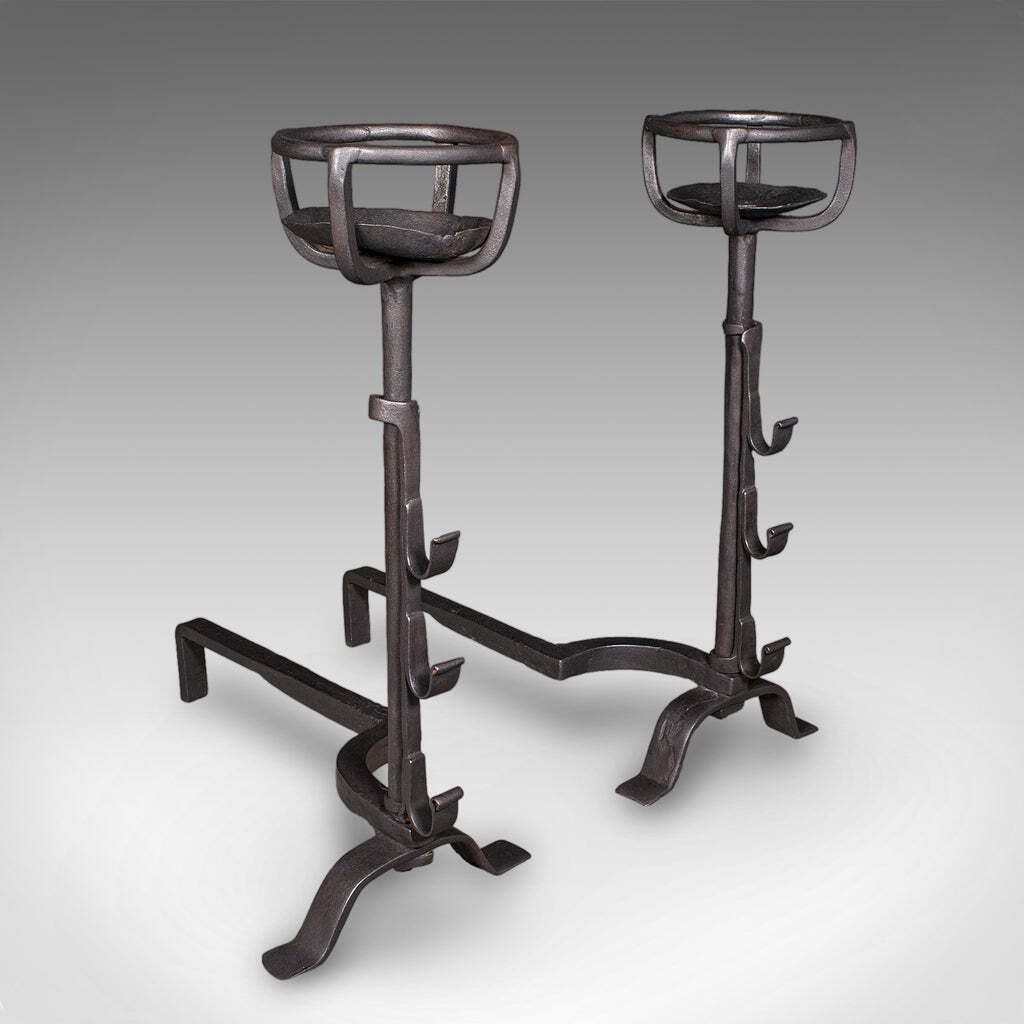 Antique Fireplace Set English Cast Iron Fire Basket Mulling Andiron Georgian photo vintage