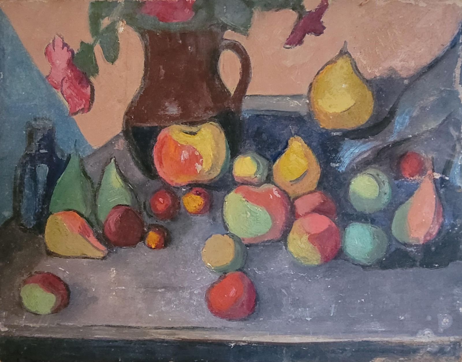 Post Impressionist Oil On Board. Tablescape Still Life. School Of Cezanne. 1950s, By Jean Perret
