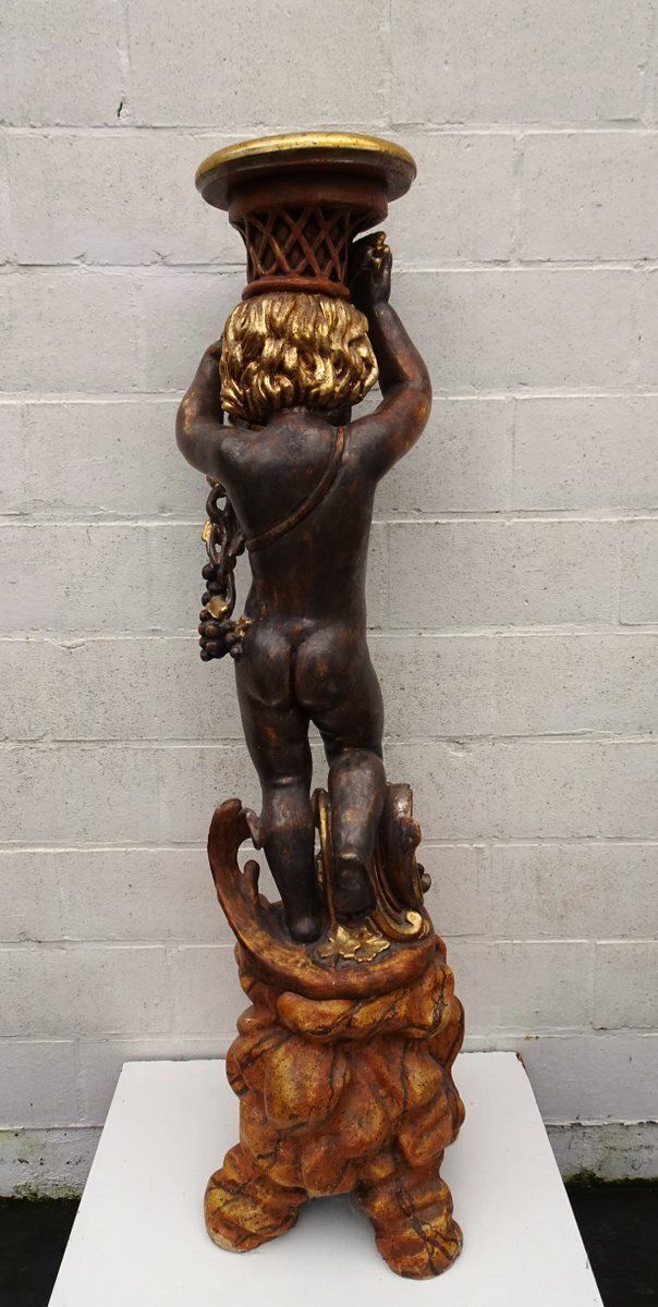 1177.0 Italian Gilded And Carved Wooden Cherub Pedestal Plant Stand, 1970s photo