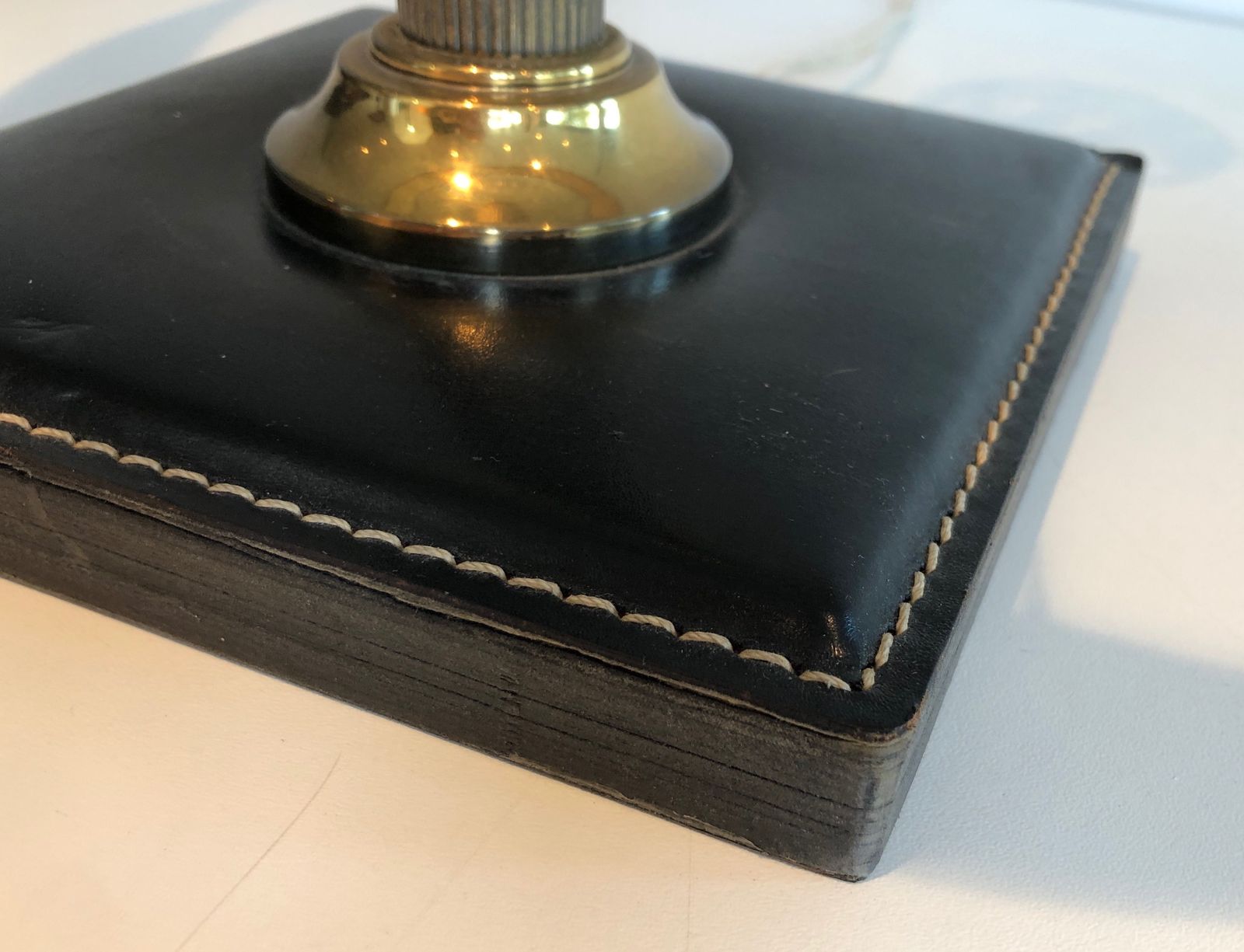 Black Leather And Brass Desk Lamp In The Style Of Jacques Adnet photo vinterior