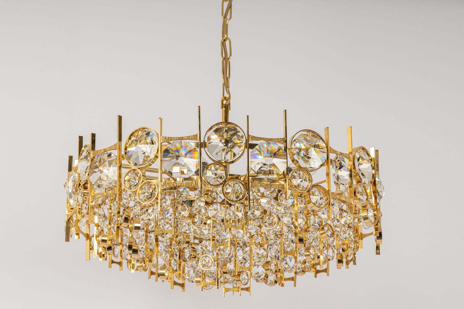 Large Gilt Brass And Crystal Chandelier, By Palwa, Germany, 1970s photo Lighting
