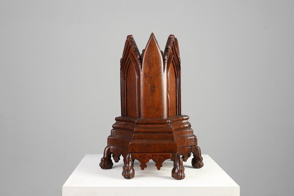 19th Century Neo Gothic Oak Umbrella Stand With Sculptural Carving, France photo furniture