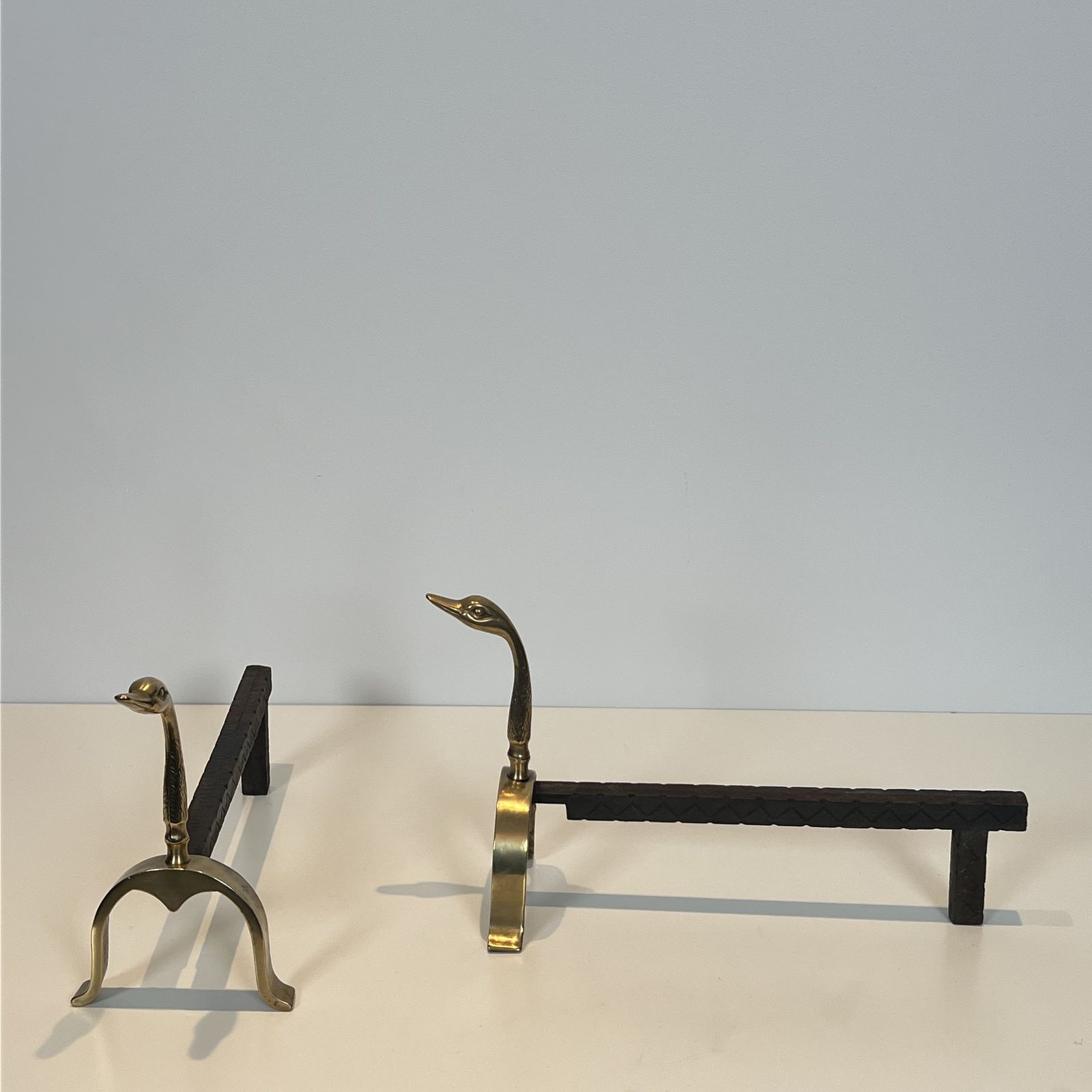 photo buy Pair Of Brass Andirons With Ducks. In The Style Of Maison Jansen