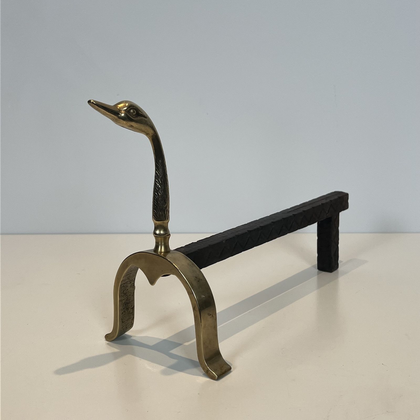 photo vintage Pair Of Brass Andirons With Ducks. In The Style Of Maison Jansen