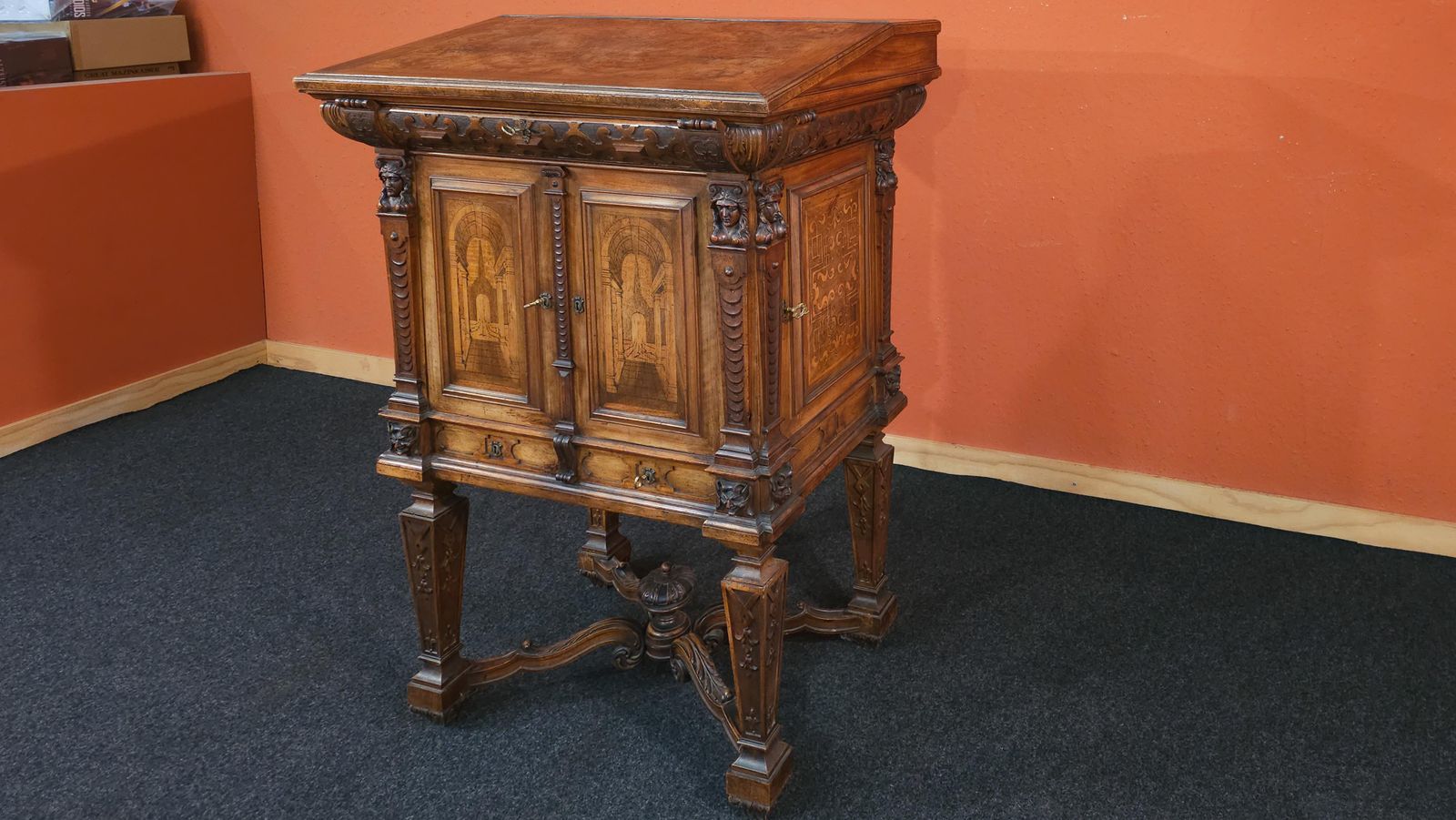 German Baroque Lectern Podium, Wood With Inlays, Antique, 1850 Circa photo for sale
