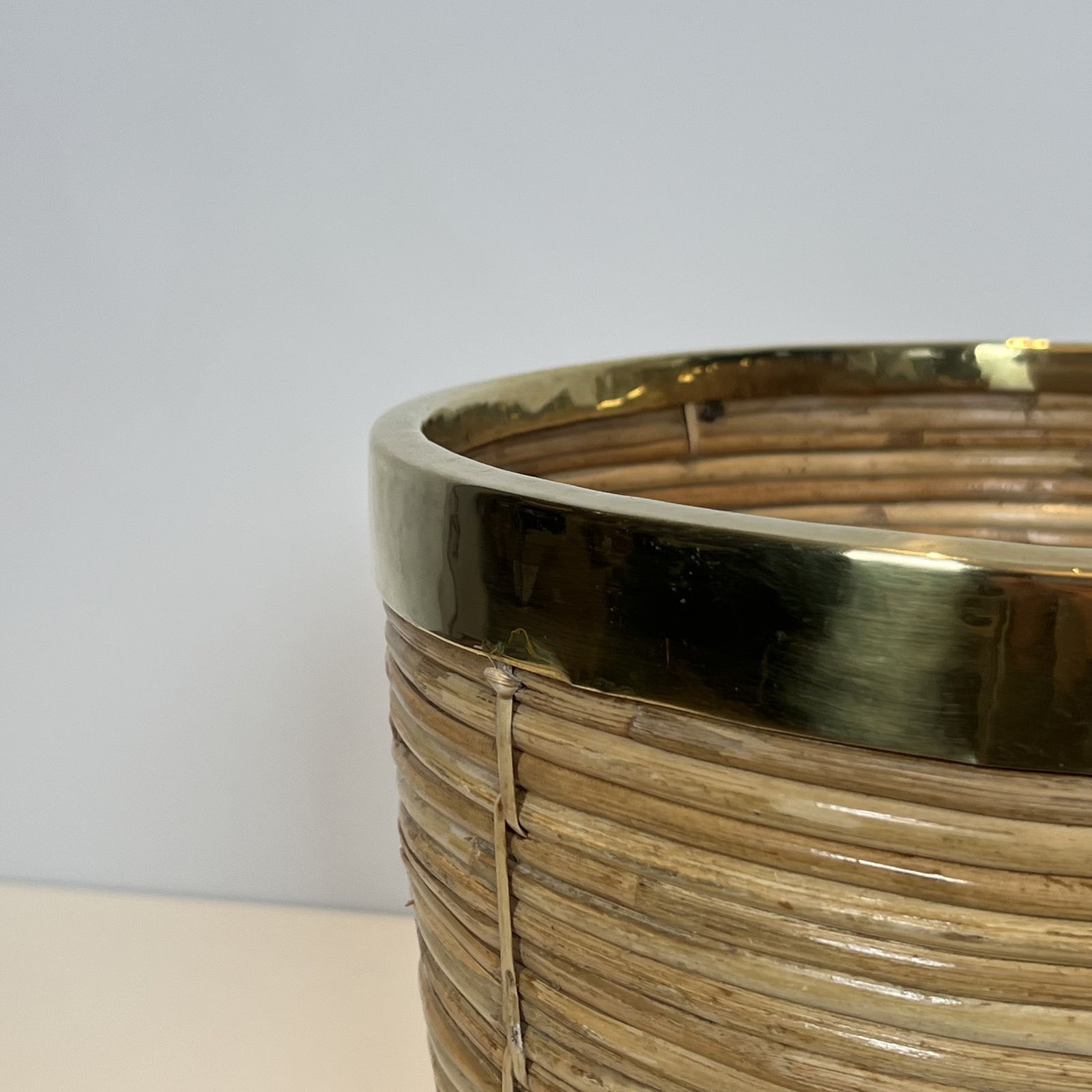 Rattan And Brass Wastepaper Basket In The Style Of Gabriela Crespi photo vinterior