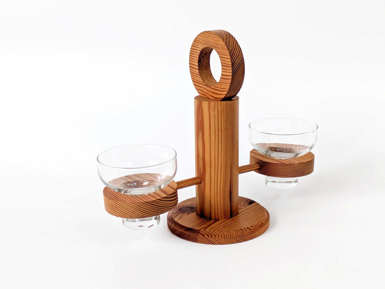 Midcentury Scandinavian Pine Candle Holder With Glass Bowls, Sculptural Nordic Wood Centerpiece photo for sale