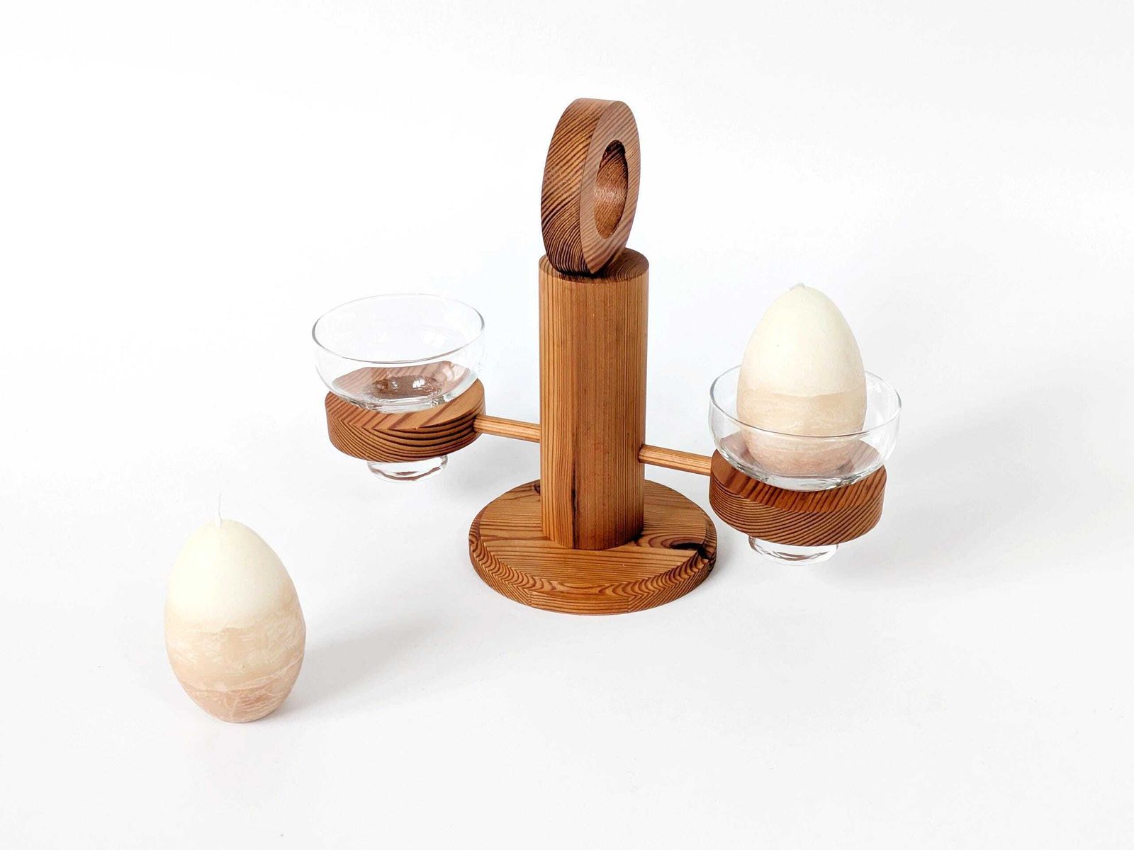Midcentury Scandinavian Pine Candle Holder With Glass Bowls, Sculptural Nordic Wood Centerpiece photo Home Decor