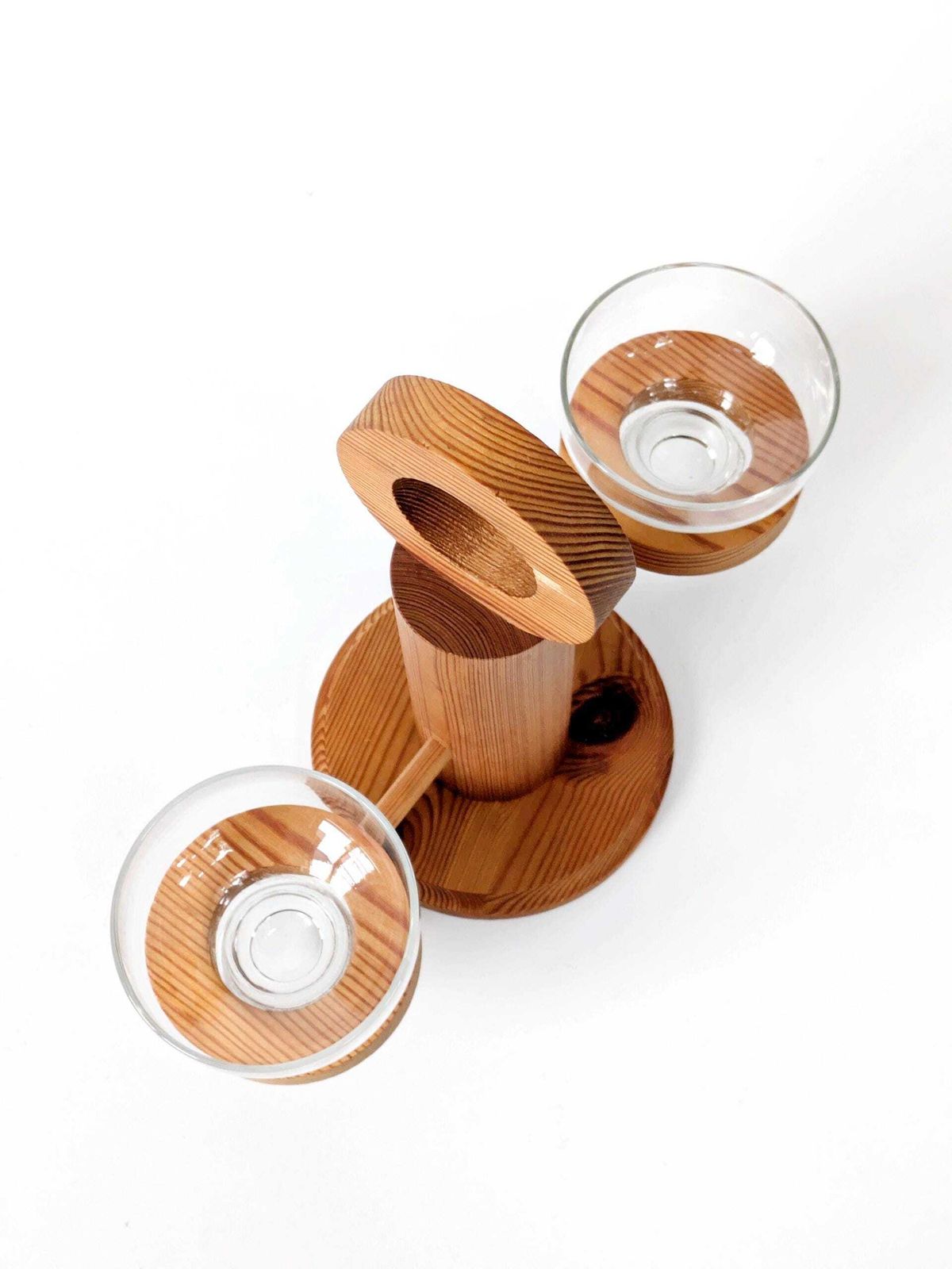 Midcentury Scandinavian Pine Candle Holder With Glass Bowls, Sculptural Nordic Wood Centerpiece photo 168.0