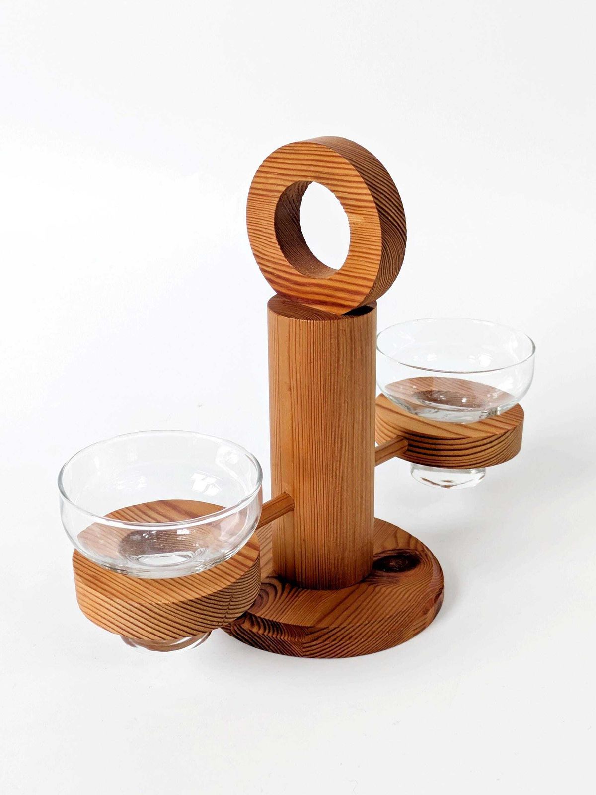 Midcentury Scandinavian Pine Candle Holder With Glass Bowls, Sculptural Nordic Wood Centerpiece photo vinterior