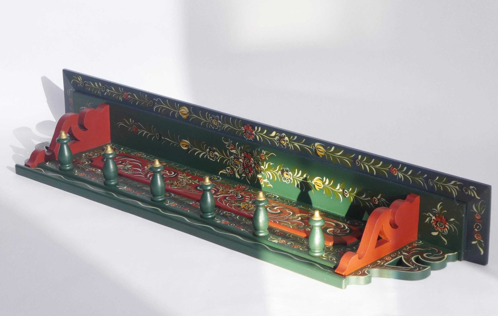 Antique Carved Folk Art Dutch Wall Rack, Wooden Hand Painted Floral Coat Rack photo vinterior