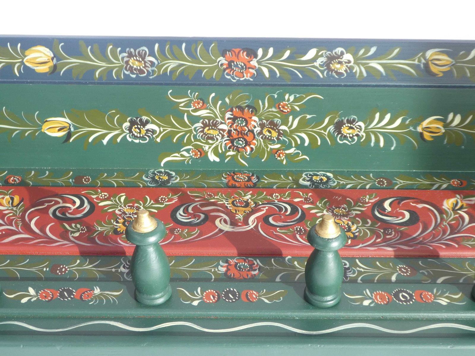 photo furniture Antique Carved Folk Art Dutch Wall Rack, Wooden Hand Painted Floral Coat Rack