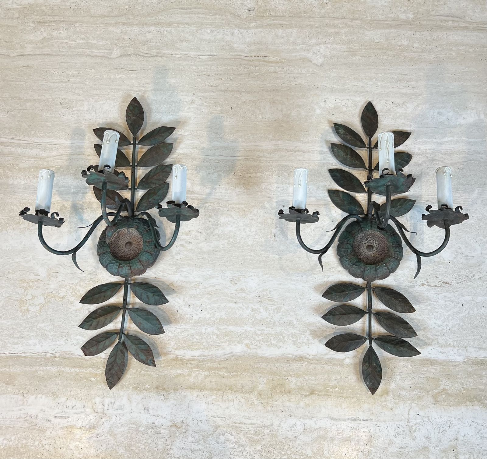 Pair Of Decorative Wall Sconces With Sunflowers And Foliage In Patinated Metal