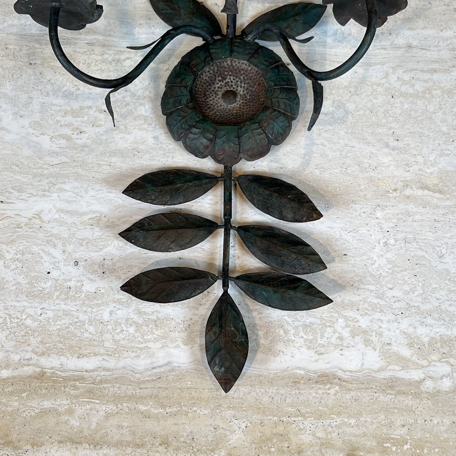 photo for sale Pair Of Decorative Wall Sconces With Sunflowers And Foliage In Patinated Metal
