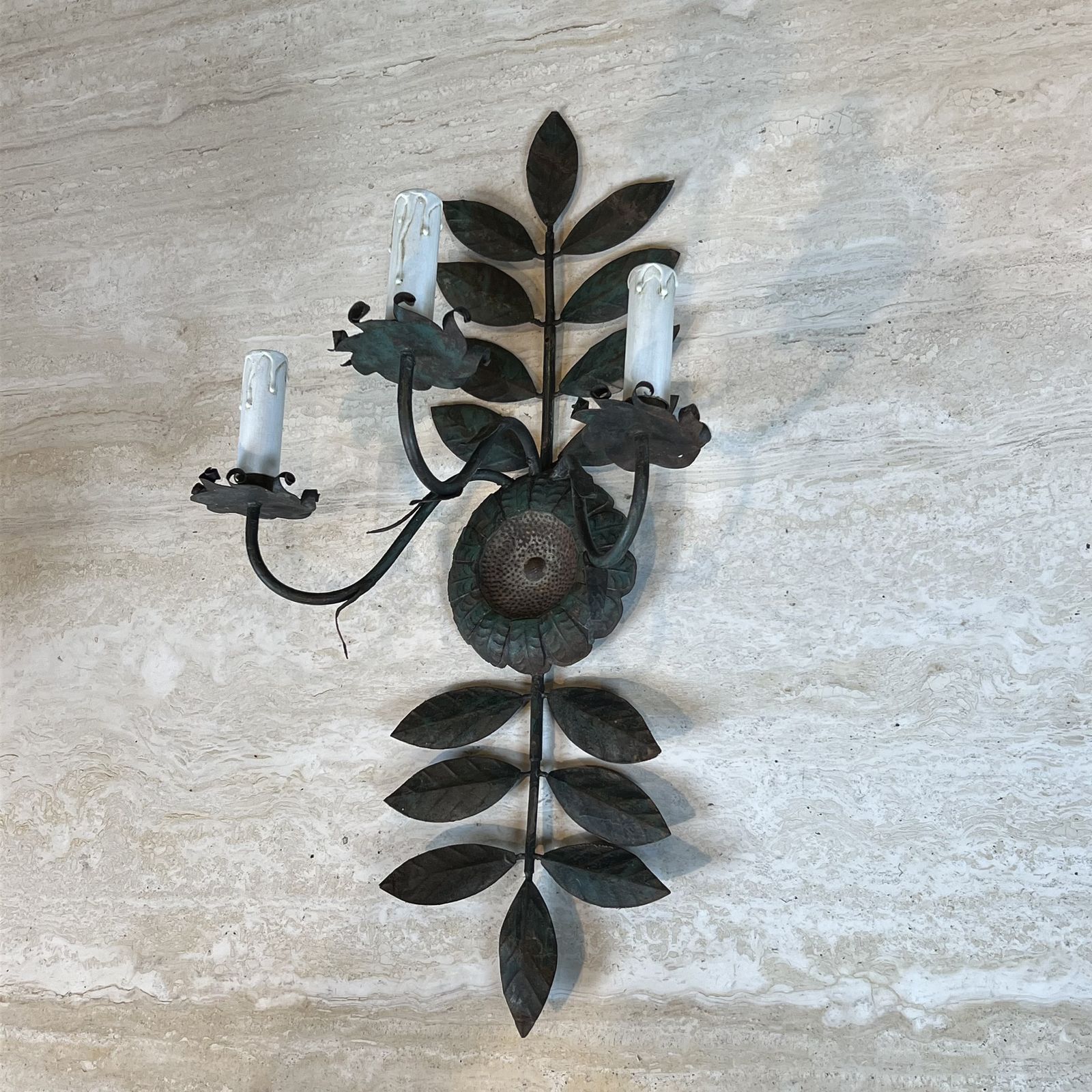 photo buy Pair Of Decorative Wall Sconces With Sunflowers And Foliage In Patinated Metal