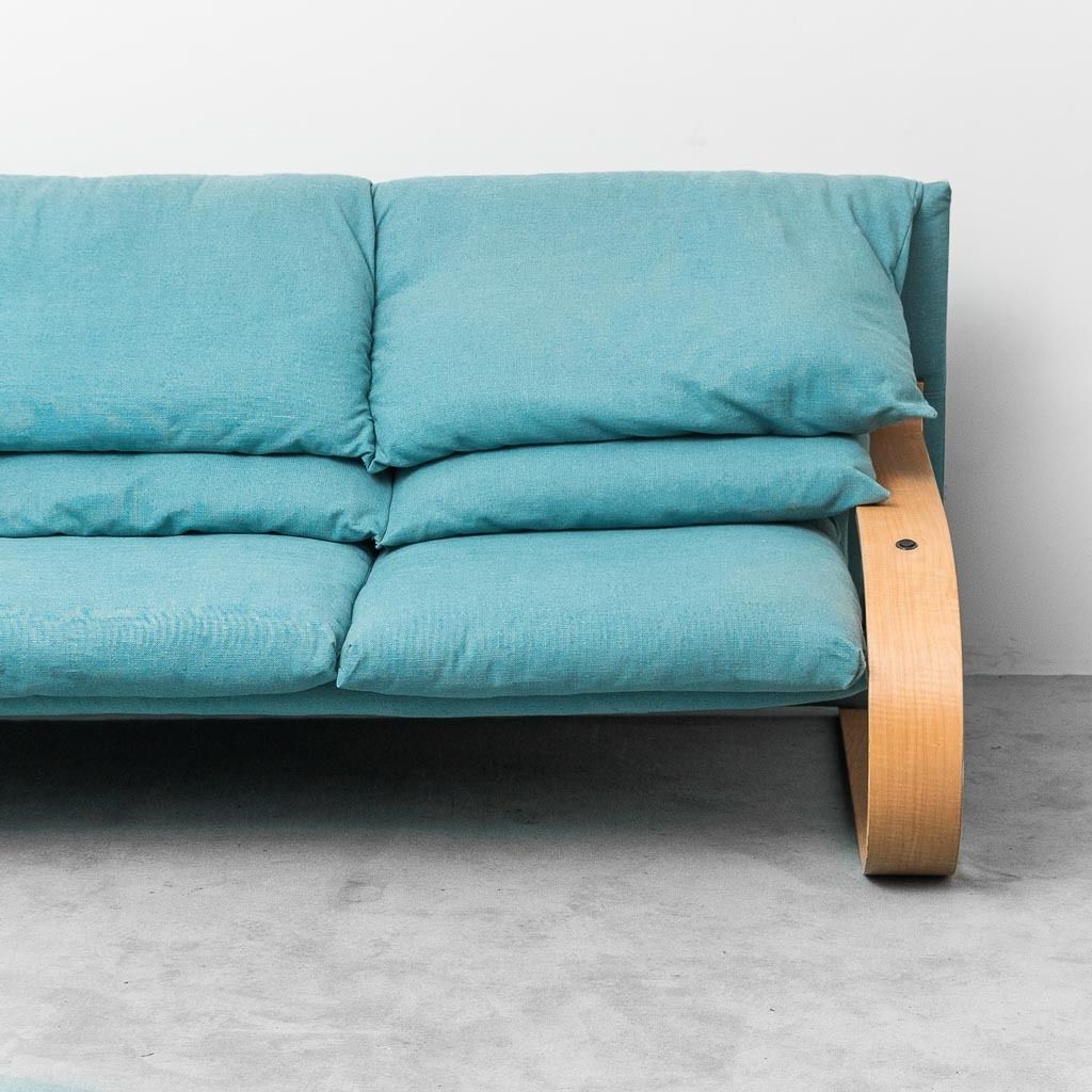 Alvar Aalto Style 3 Seater Fabric Sofa, Curved Wood, 1970s Vintage, Modern Antiques photo furniture