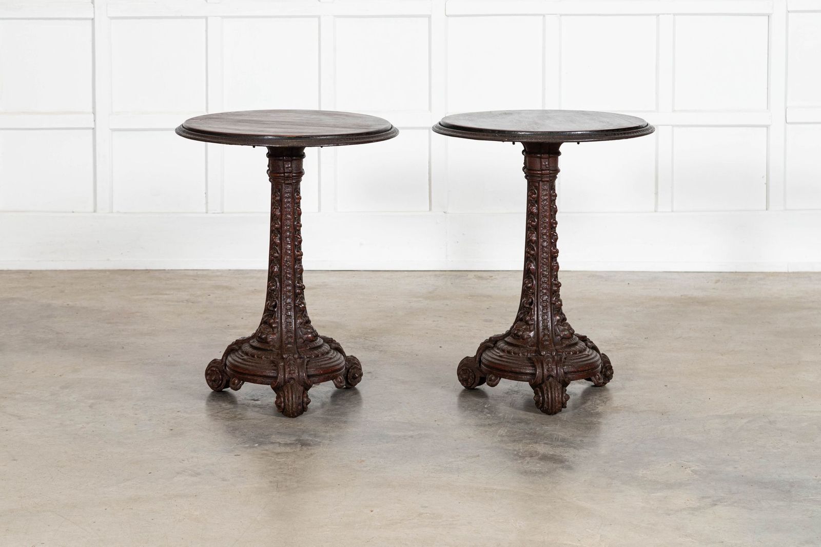 Pair English 19thc Mahogany Painted Cast Iron Tavern Tables