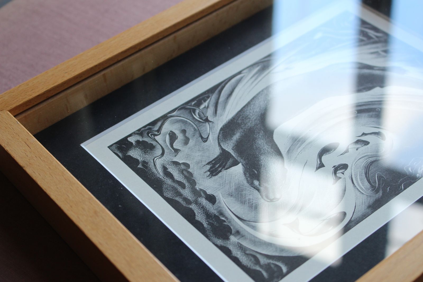 A Framed Lithograph From A Woodcut 'Diving Otter' By Agnes Miller Parker C1937 photo furniture