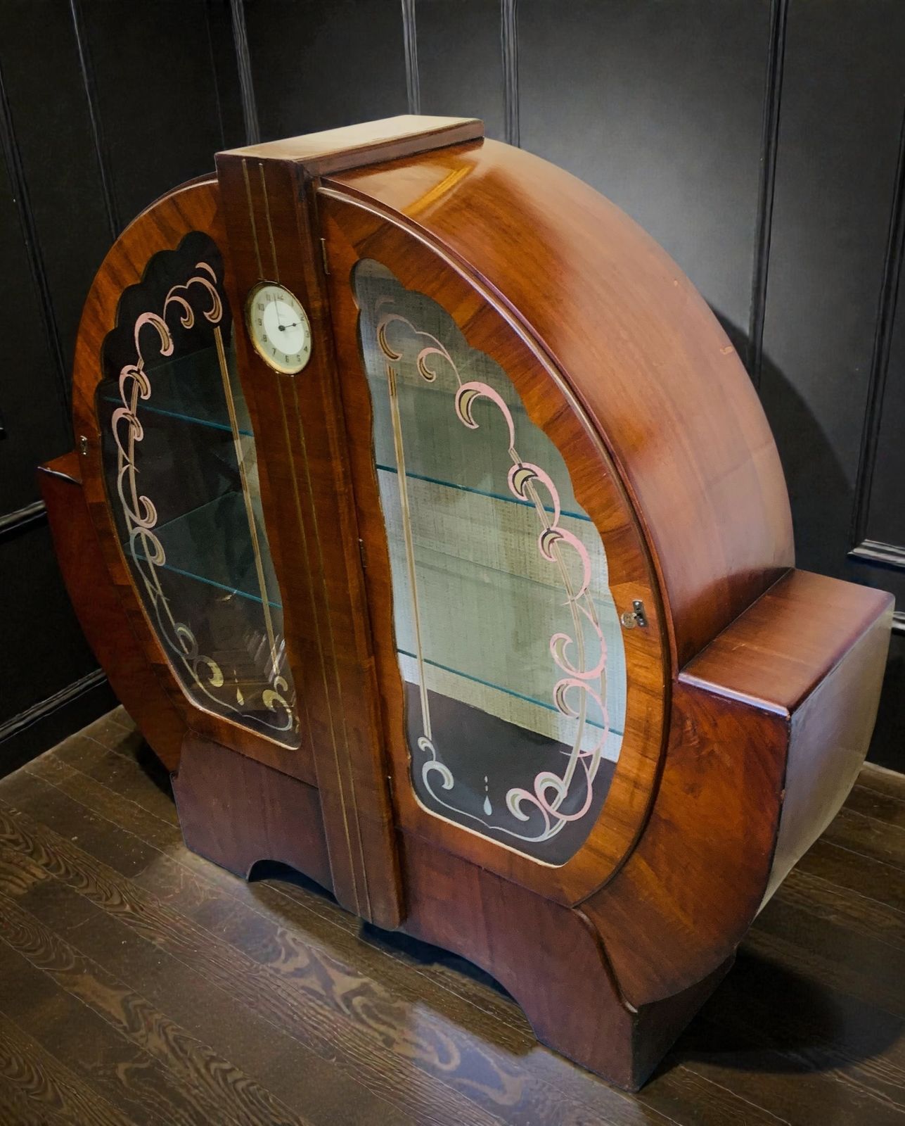 1930s Art Deco Cocktail Cabinet Curved Walnut Bar With Etched Glass photo furniture