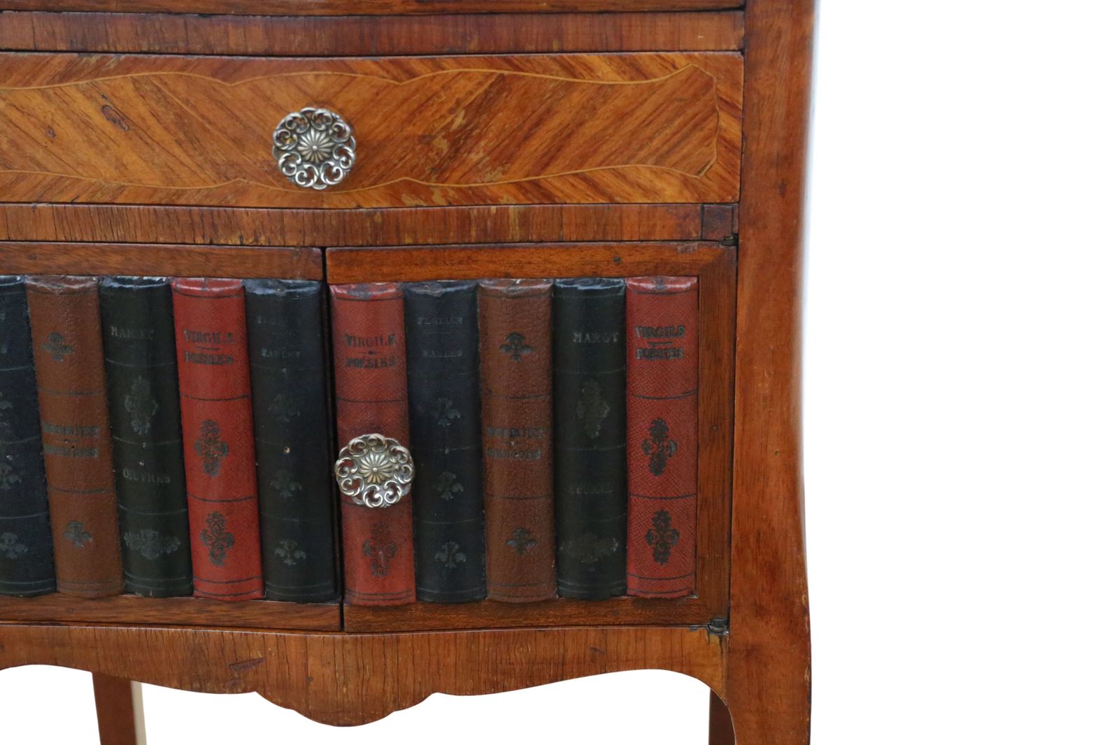Antique Vintage Retro C.1930 Early 20th Century French Pair Of Parquetry Bedside Tables / Nightstands – Multicoloured Book Facades, Fine Quality photo vinterior