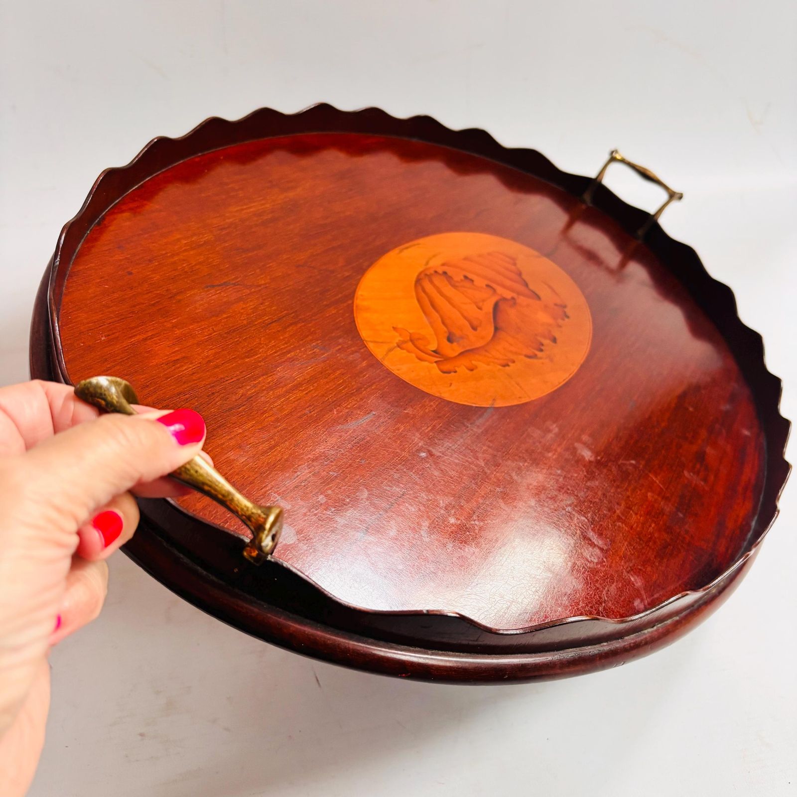 Antique Edwardian Mahogany Tray | Marquetry Inlaid Shell With Brass Handles | Butler's Tea 19c photo furniture