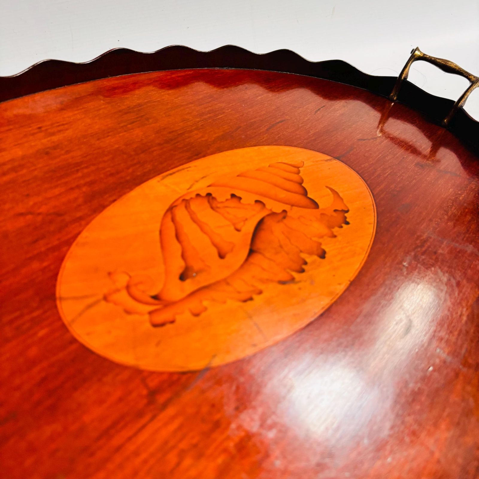 Antique Edwardian Mahogany Tray | Marquetry Inlaid Shell With Brass Handles | Butler's Tea 19c photo vinterior