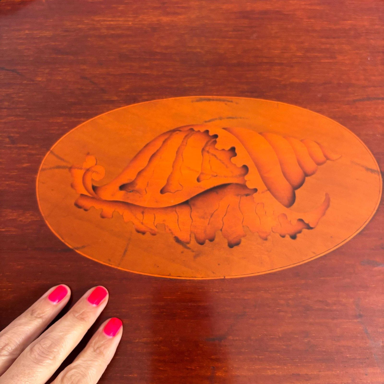 photo vintage Antique Edwardian Mahogany Tray | Marquetry Inlaid Shell With Brass Handles | Butler's Tea 19c