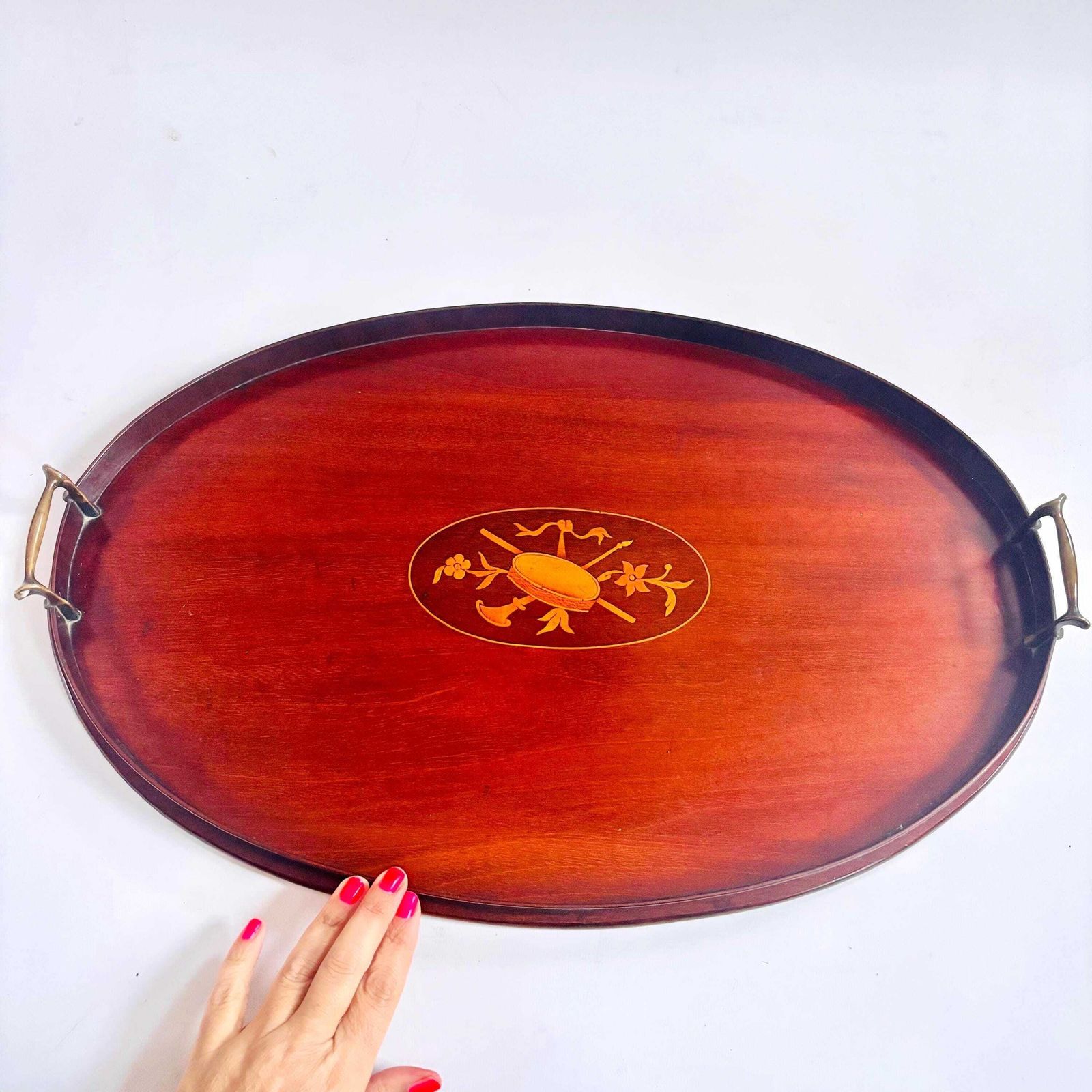 Antique Edwardian Mahogany Tray | Marquetry Inlaid With Brass Handles | Butler's Tea 1880s