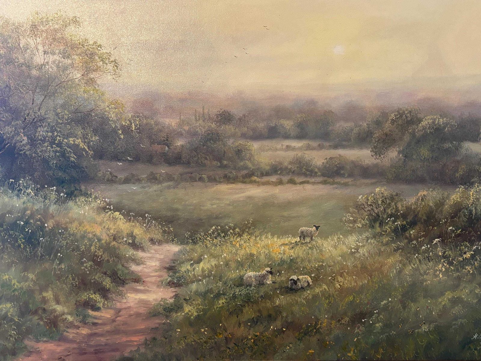 Oil On Canvas By Hilary Scoffield. Pastoral Scene Sheep Grazing Ornate Frame photo for sale