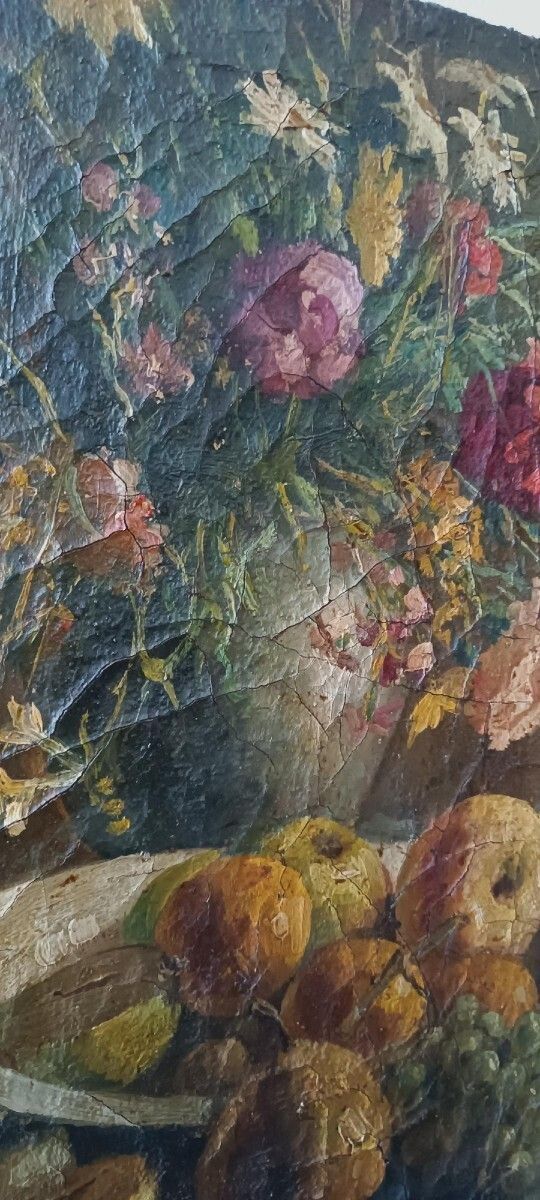 19th Century Oil Painting On Canvas Depicting A Vase Of Fruit With Flowers photo Art