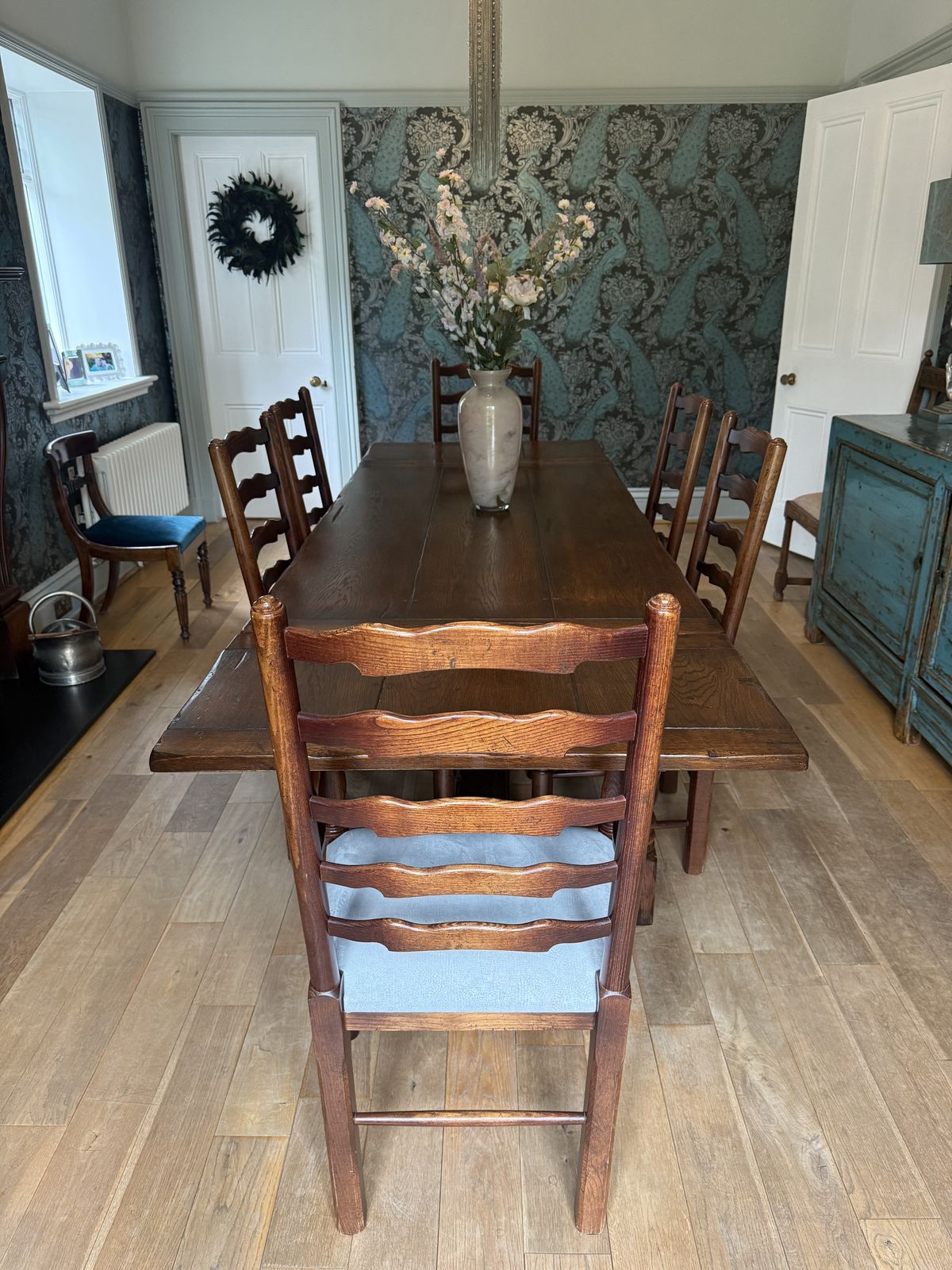 English Oak, Drawer Leaf Refectory Table & 6 Ladderback Chairs