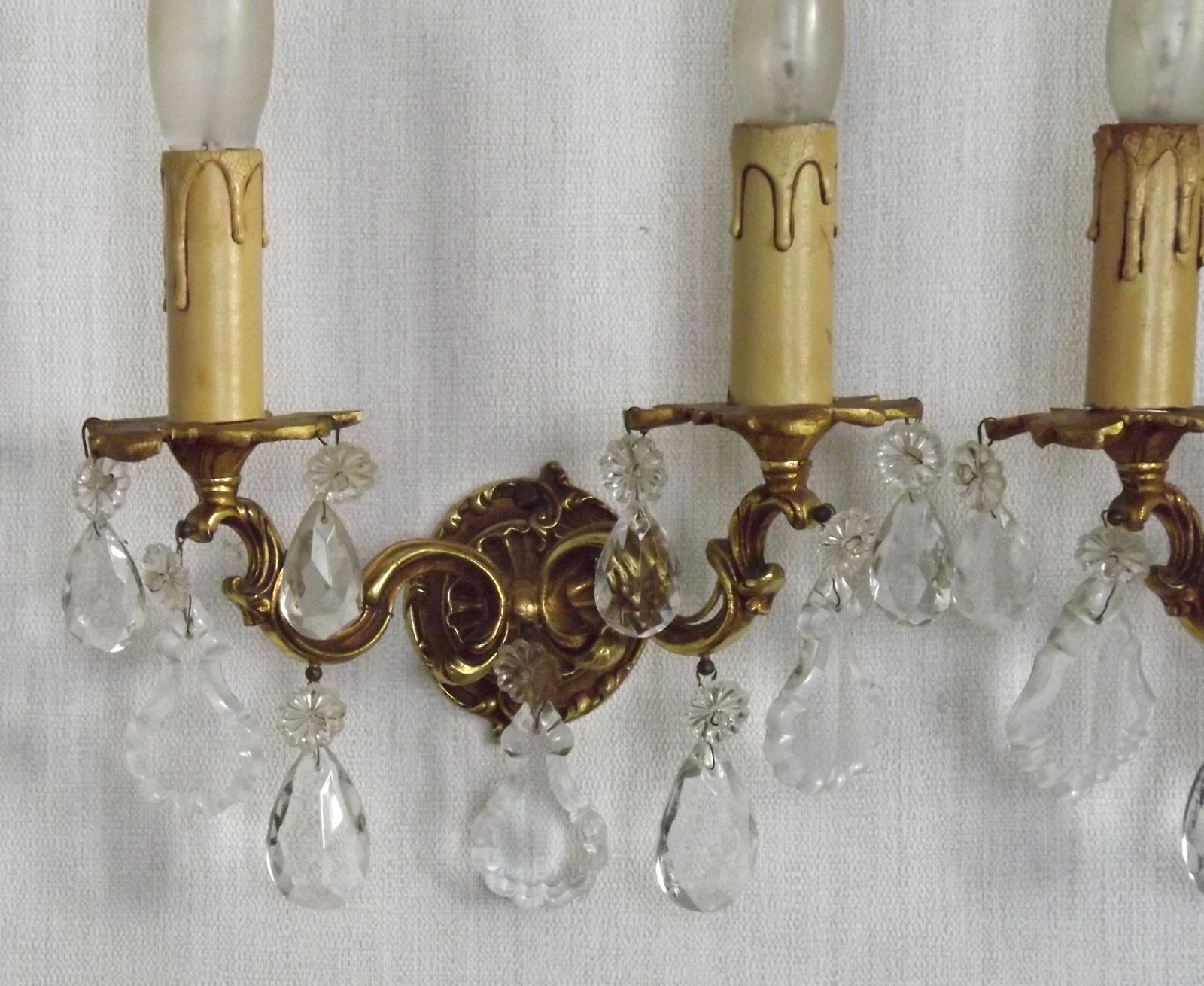 Pair Of French Vintage Double Bronze Crystal Wall Lights With Acanthus Detail photo 175.0