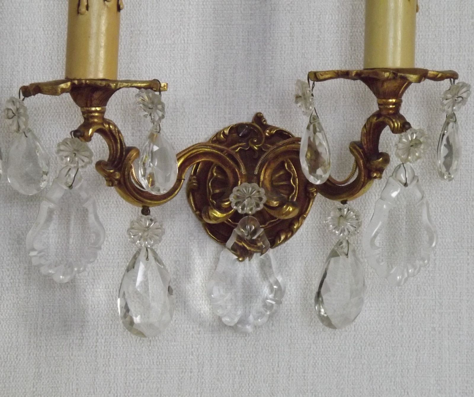 Pair Of French Vintage Double Bronze Crystal Wall Lights With Acanthus Detail photo vinterior