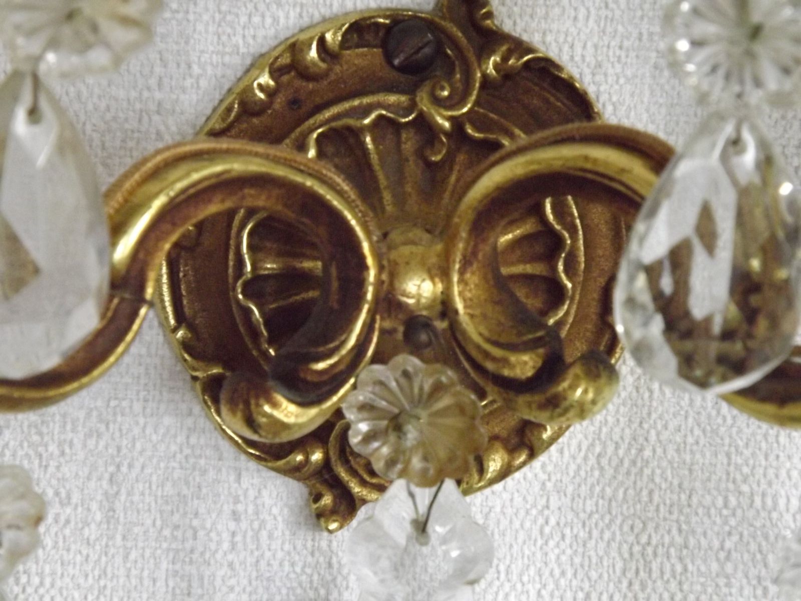 Pair Of French Vintage Double Bronze Crystal Wall Lights With Acanthus Detail photo vintage