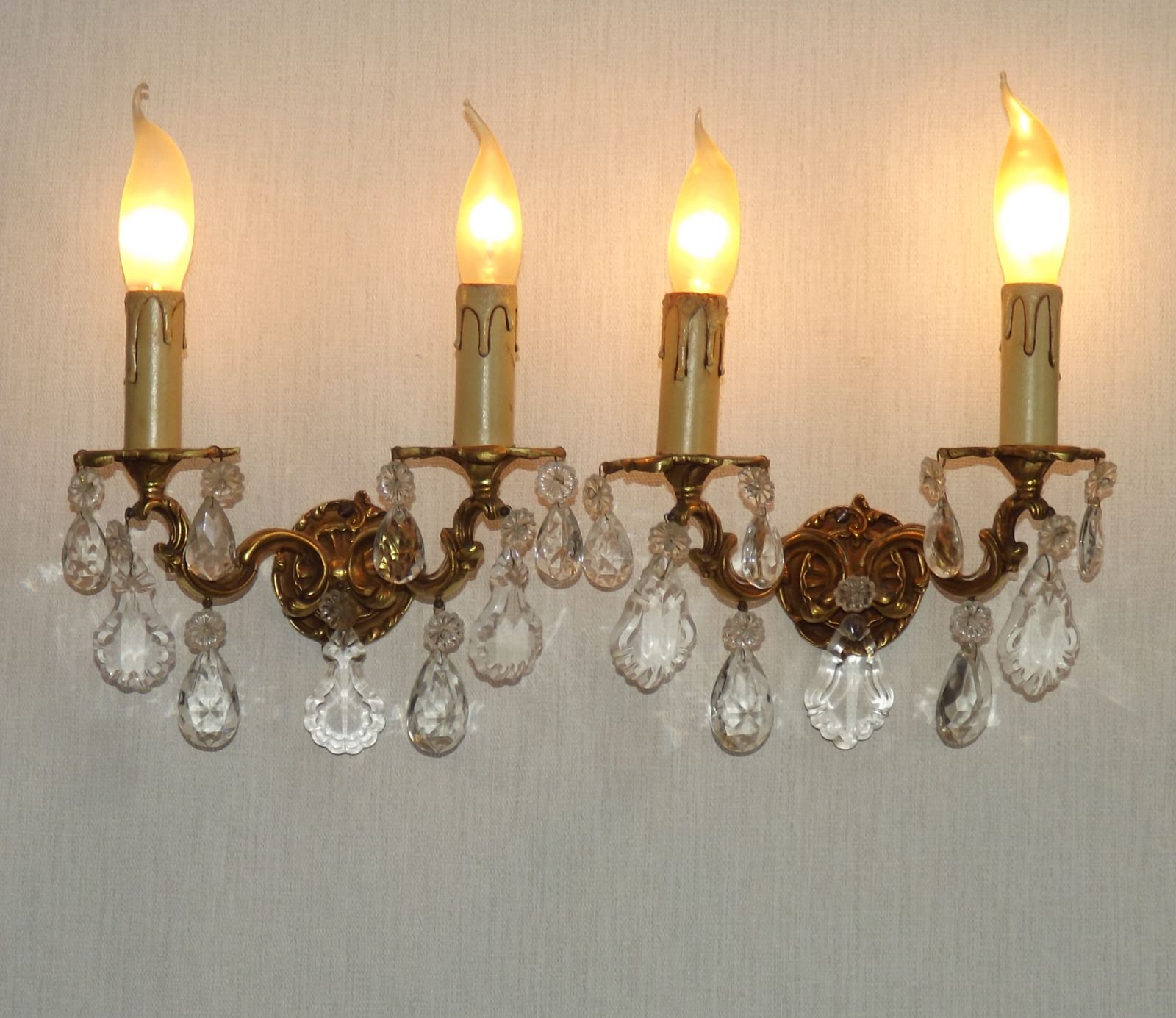 Pair Of French Vintage Double Bronze Crystal Wall Lights With Acanthus Detail