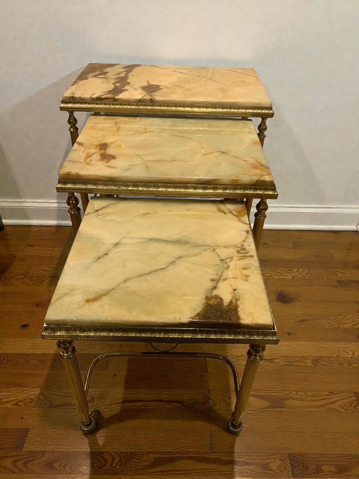 Elegant French Brass And Onyx Nesting Tables In The Style Of Hollywood Regency C1950's photo 489.0