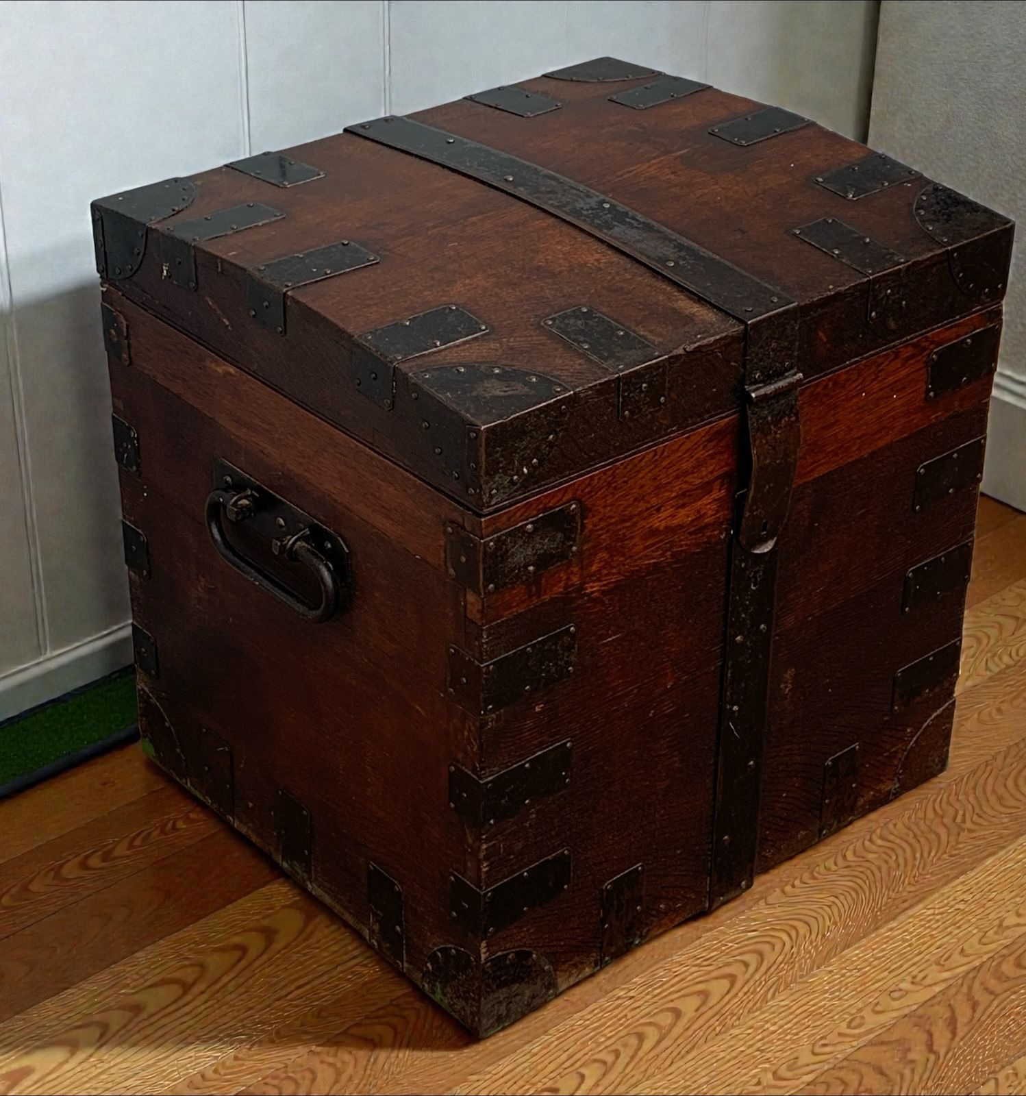 Antique Oak, Bound Iron Storage Trunk, Silver Chest, Campaign Chest, C 1800's.