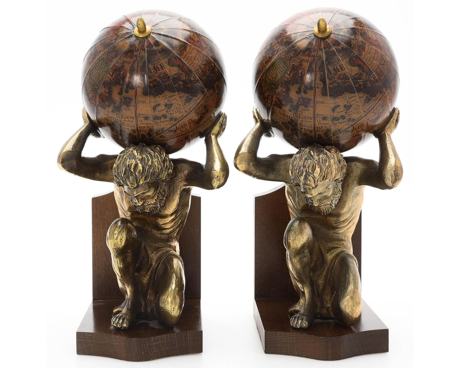 Pair Of 20th Century Atlas Globe Bookends Bronze & Wood Figurine Of Book Holders photo Home Decor