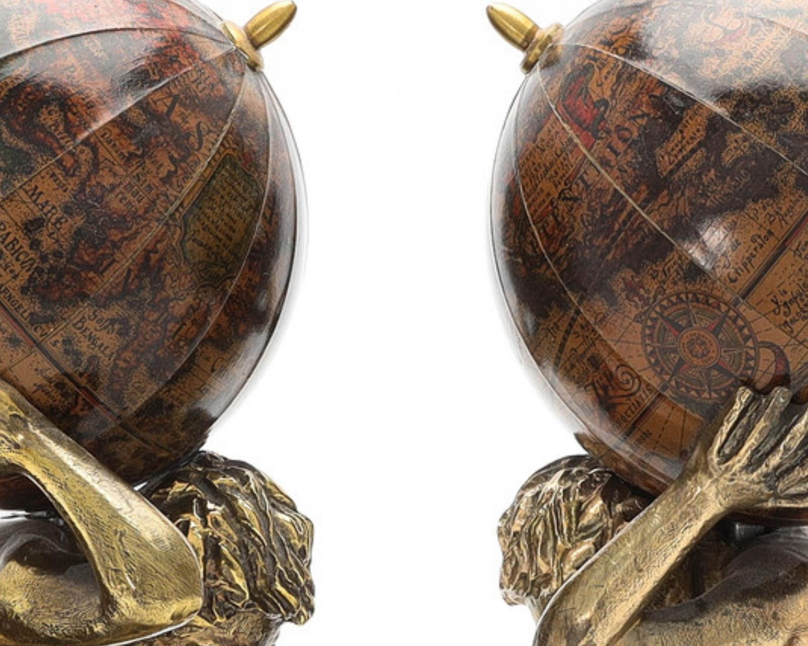 Pair Of 20th Century Atlas Globe Bookends Bronze & Wood Figurine Of Book Holders photo vinterior