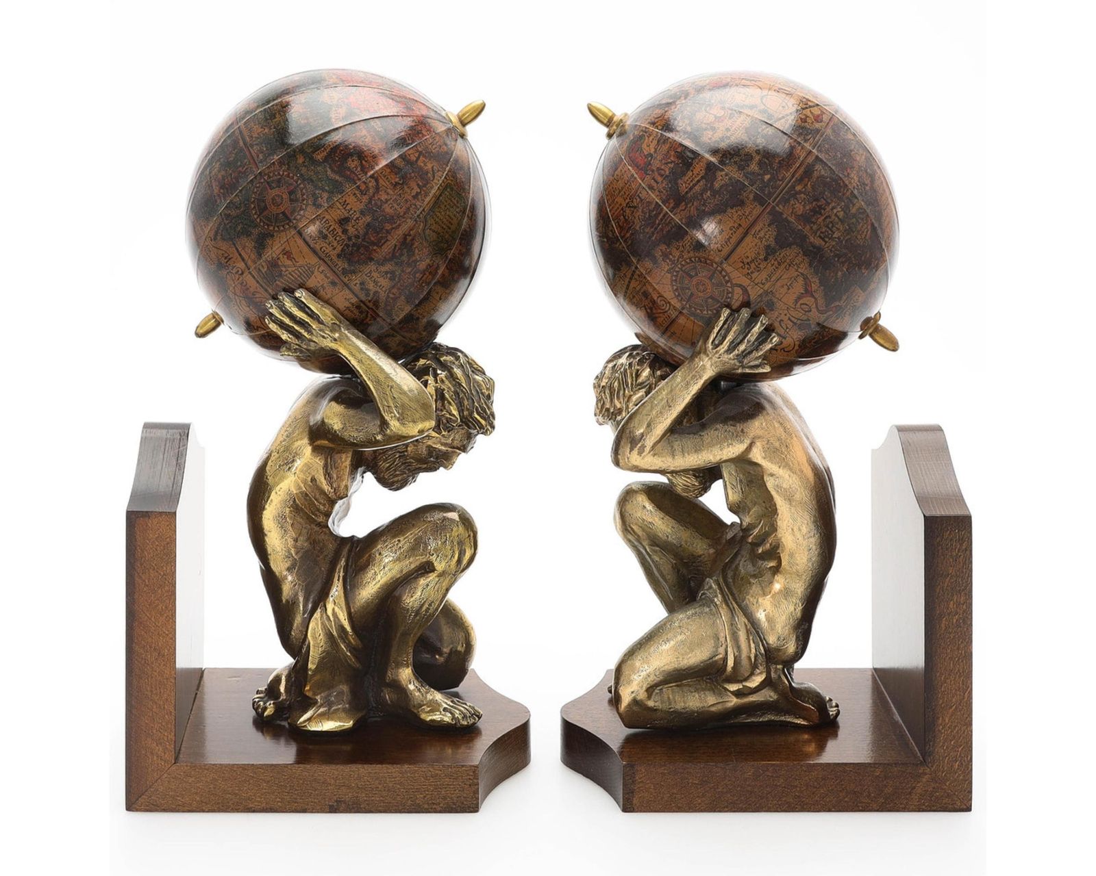 Pair Of 20th Century Atlas Globe Bookends Bronze & Wood Figurine Of Book Holders photo vintage