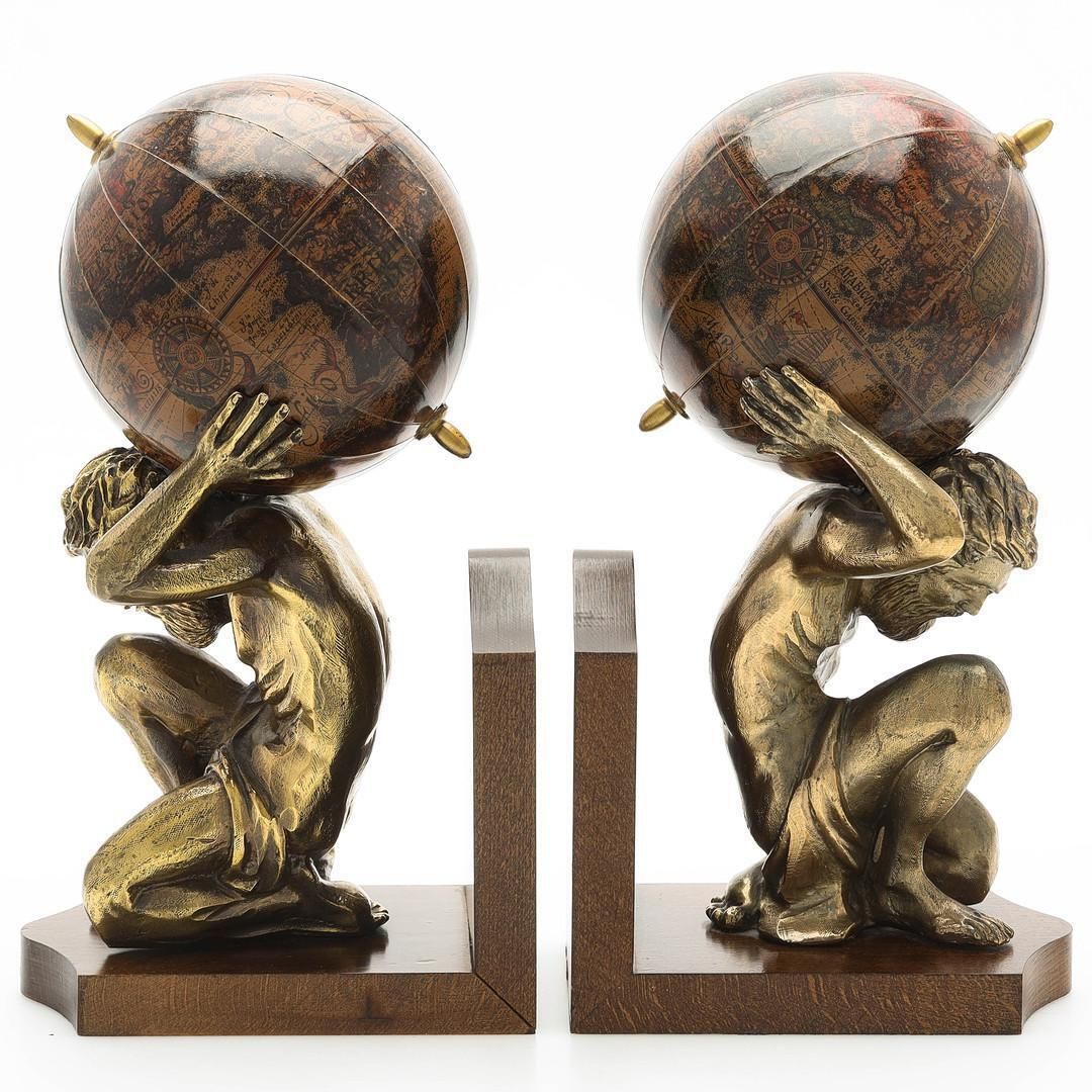 photo buy Pair Of 20th Century Atlas Globe Bookends Bronze & Wood Figurine Of Book Holders